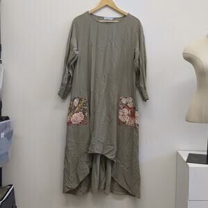 Misslook high low long sleeve dress with floral pockets‎ lagenlook size medium